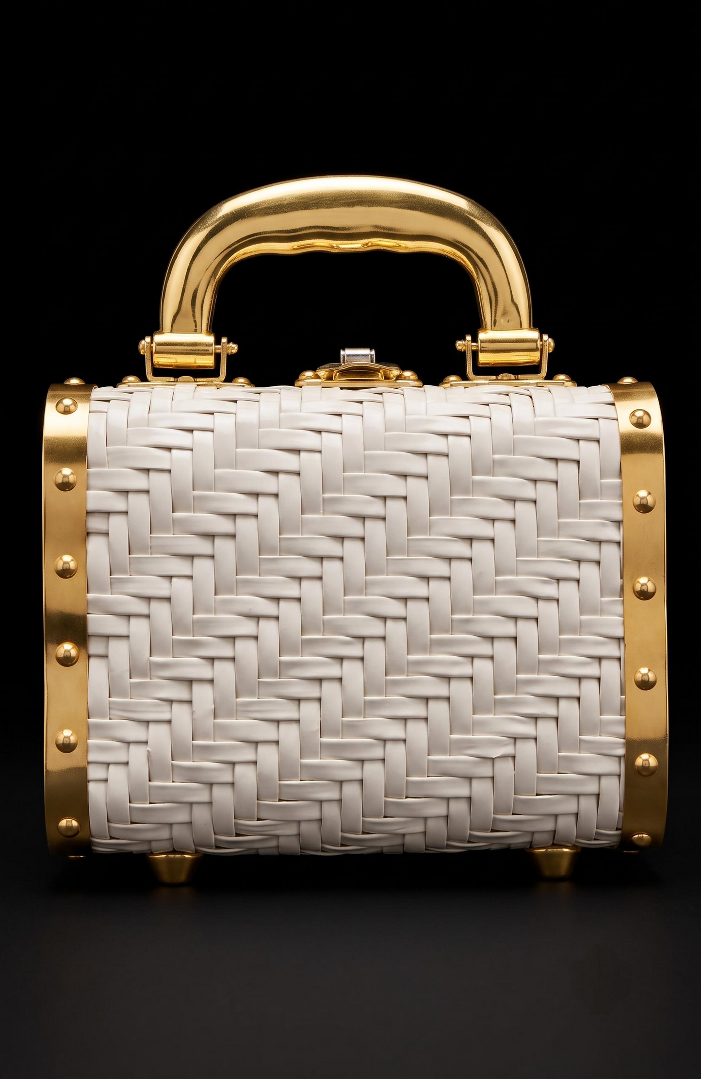 Beautiful 1950s white wicker top handle bag with gold trim