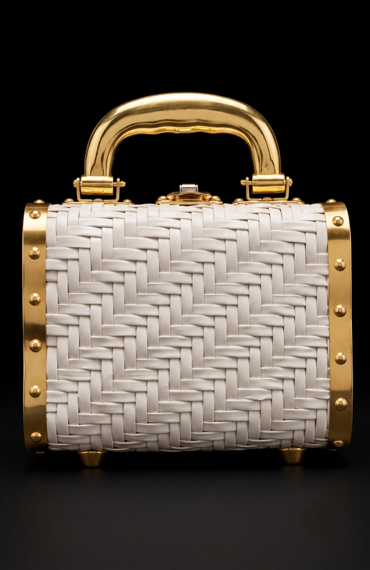 Beautiful 1950s white wicker top handle bag with gold trim