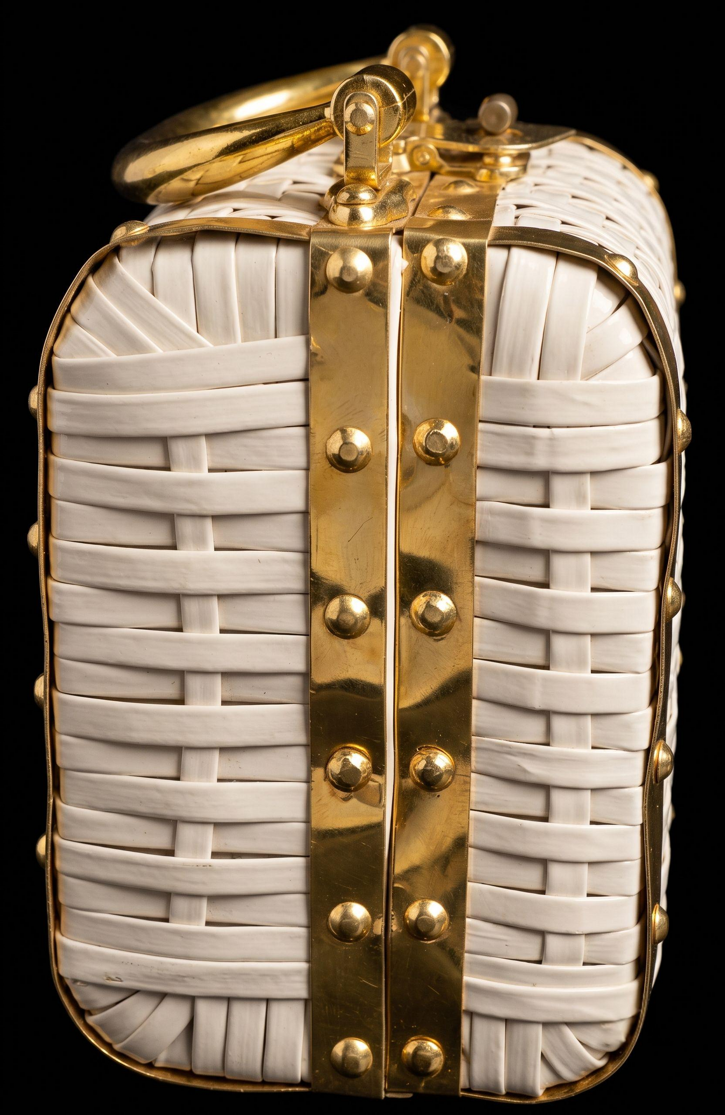 Beautiful 1950s white wicker top handle bag with gold trim