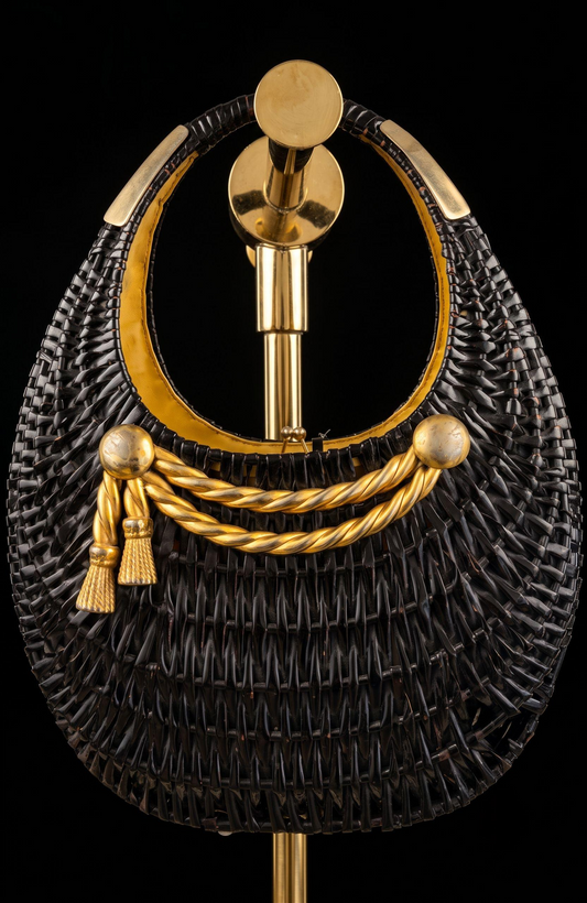 Magnificent Koret black bag wicker  from the 1950s with decorative gold hardware.