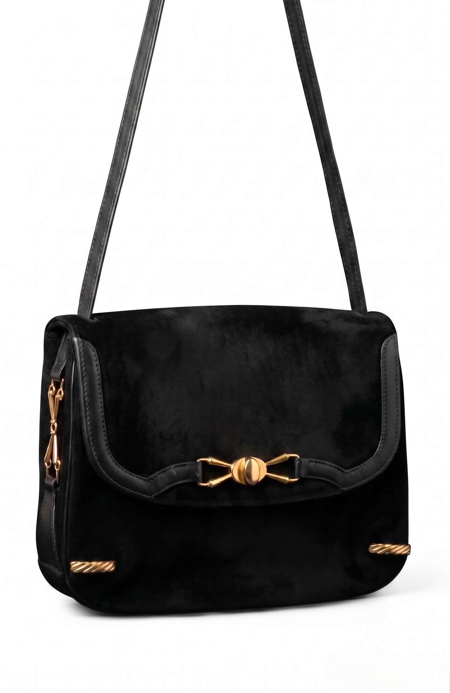 Stunning 1970s black suede with gold hardware shoulder bag. RARE and unique.