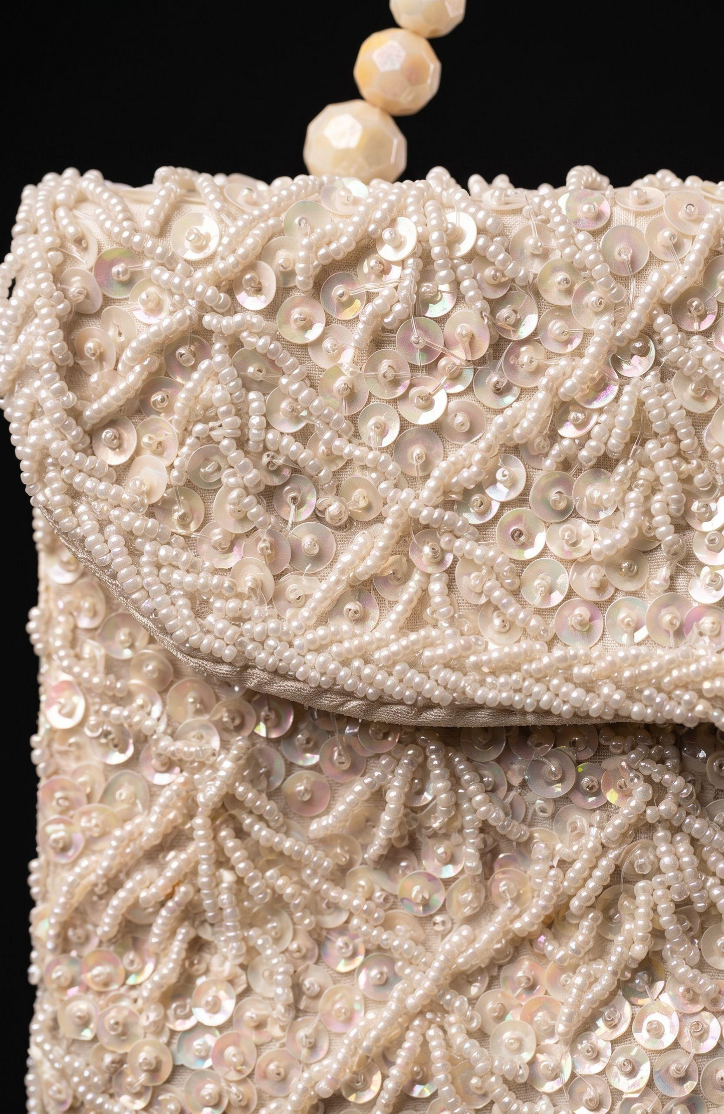 1950s white beaded double sided bag with pearl beaded handle