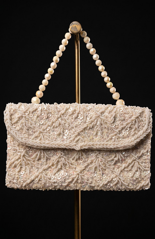 1950s white beaded double sided bag with pearl beaded handle