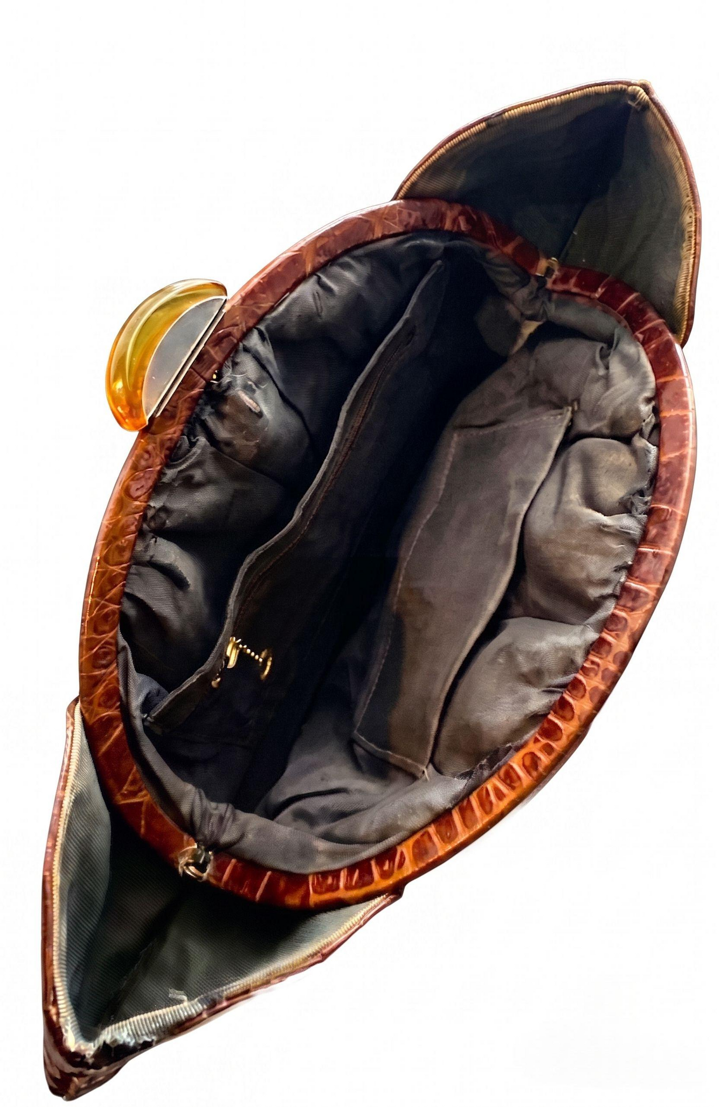 Stunning 1940s brown alligator extra long clutch with lucite clasp