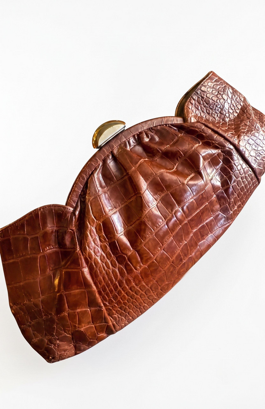 Stunning 1940s brown alligator extra long clutch with lucite clasp