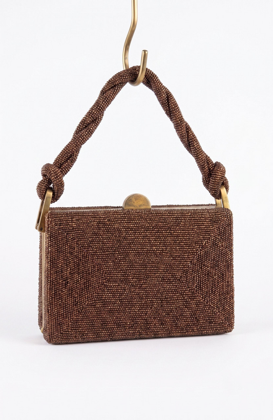 Beautiful 1940s copper colored beaded bag with thick twisted handle
