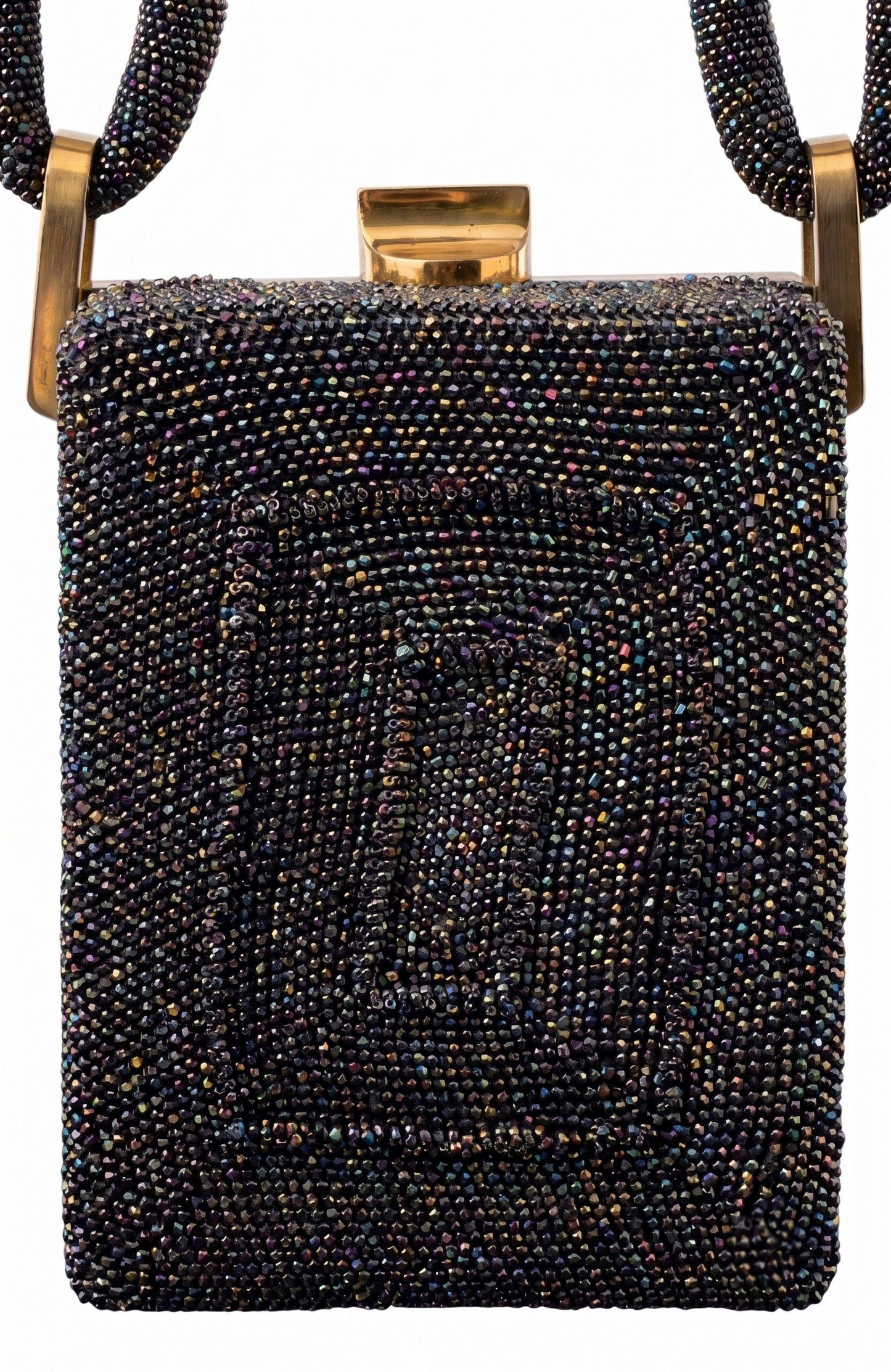 gorgeous 1940s beaded bag with dark green blue and bronze beading. Extra thick handle in mint condition.
