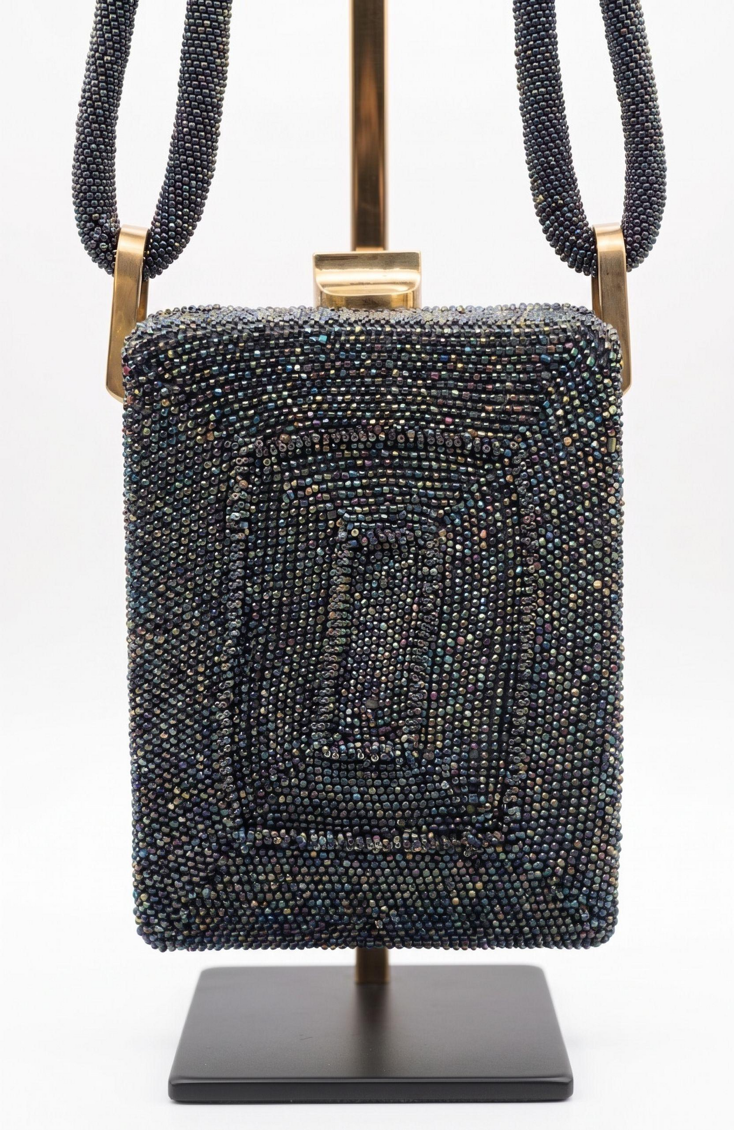 gorgeous 1940s beaded bag with dark green blue and bronze beading. Extra thick handle in mint condition.