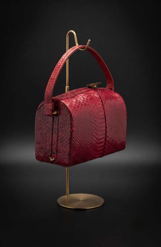 Beautiful 1940s burgundy, snake skin top handle handbag
