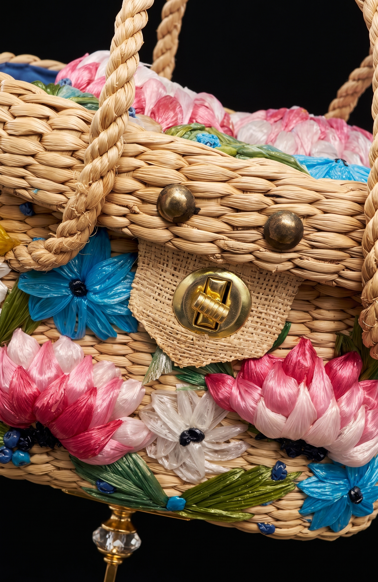 Beautiful 1960s wicker bag with pink yellow and turquoise flowers. Rope handle.