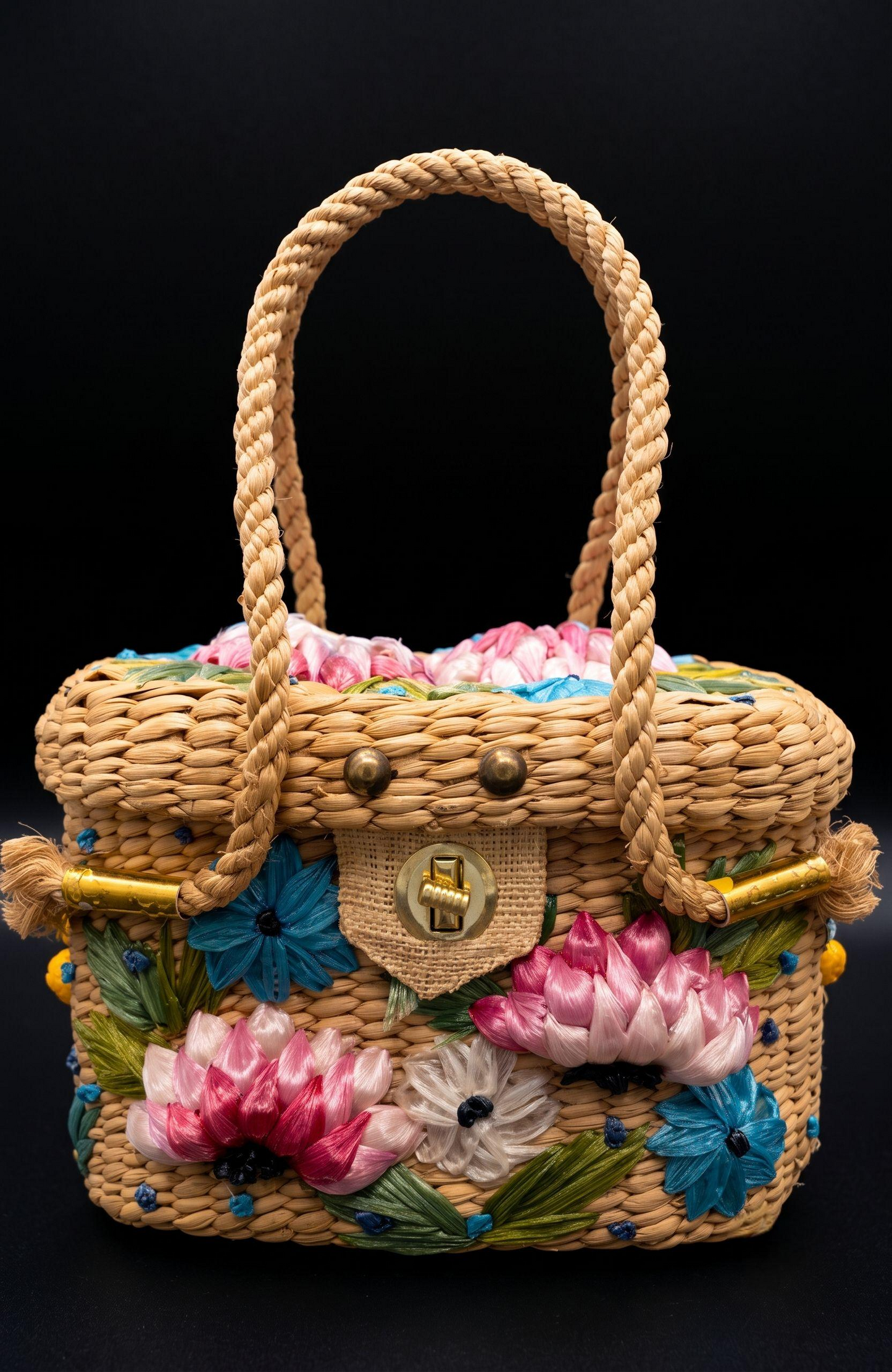 Beautiful 1960s wicker bag with pink yellow and turquoise flowers. Rope handle.