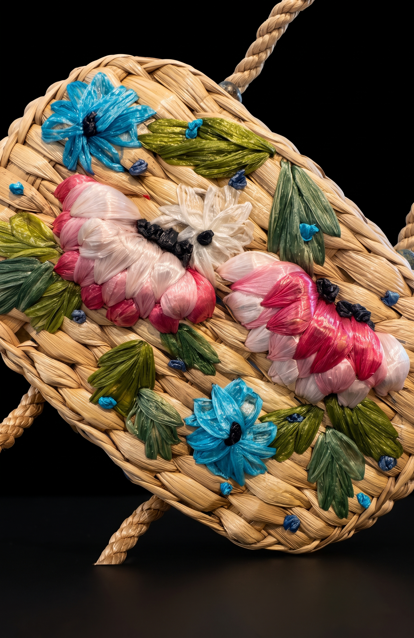 Beautiful 1960s wicker bag with pink yellow and turquoise flowers. Rope handle.