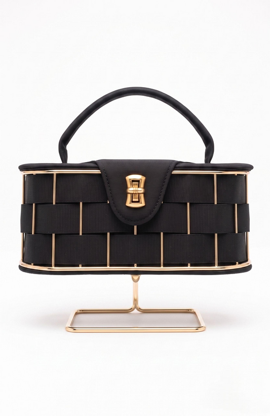 It is a 1940s black suede box Bag with woven suede and gold tone detailing