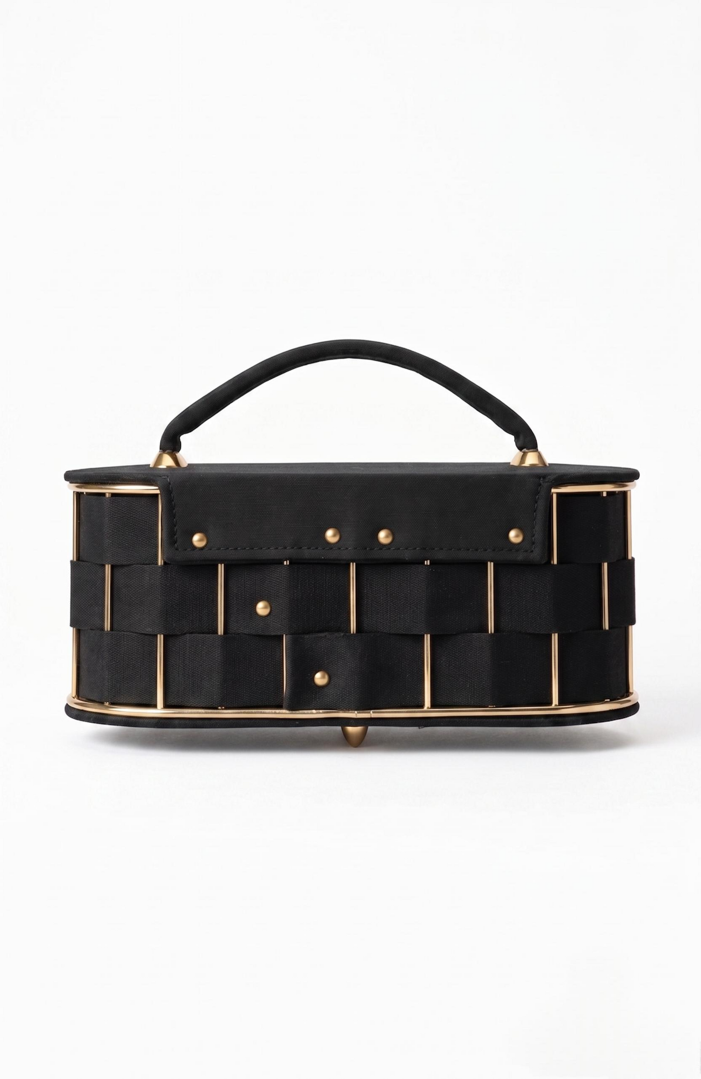 It is a 1940s black suede box Bag with woven suede and gold tone detailing