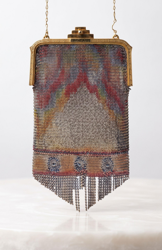 vintage 1920s Whiting and davis chain mesh metal bag with gold hardware. Impressionist  hand painted design RARE