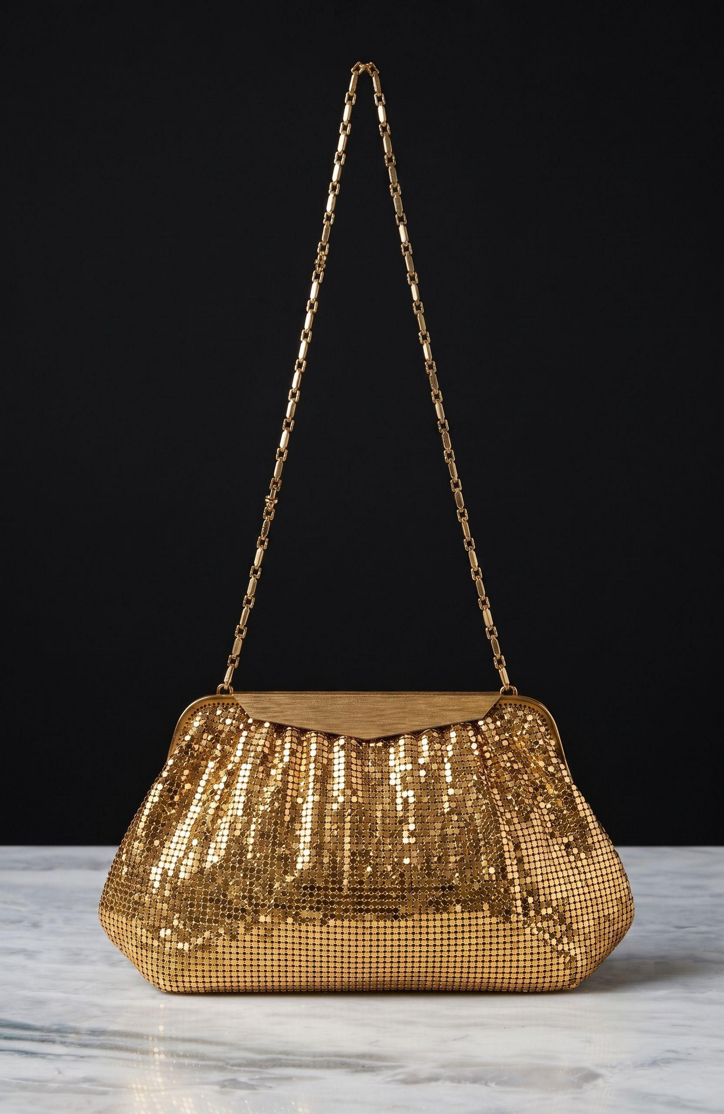 Vintage gold metal Whiting and Davis convertible clutch / shoulder bag