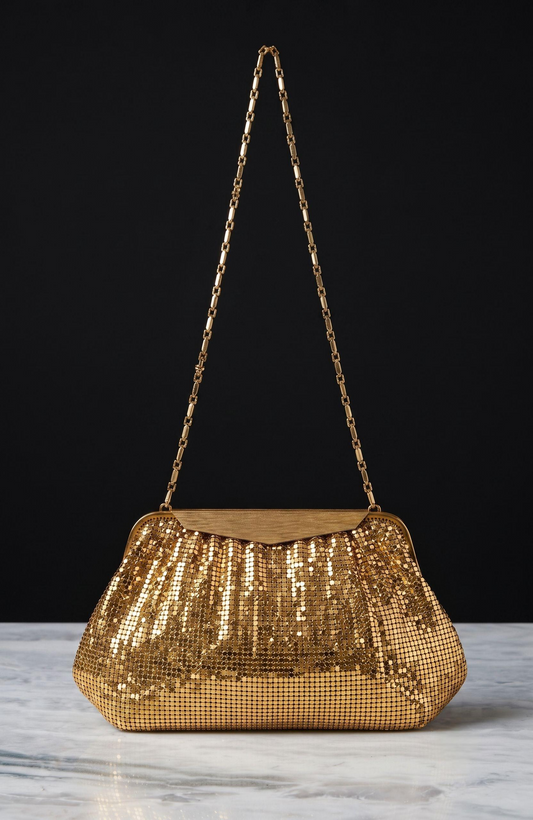 Vintage gold metal Whiting and Davis convertible clutch / shoulder bag