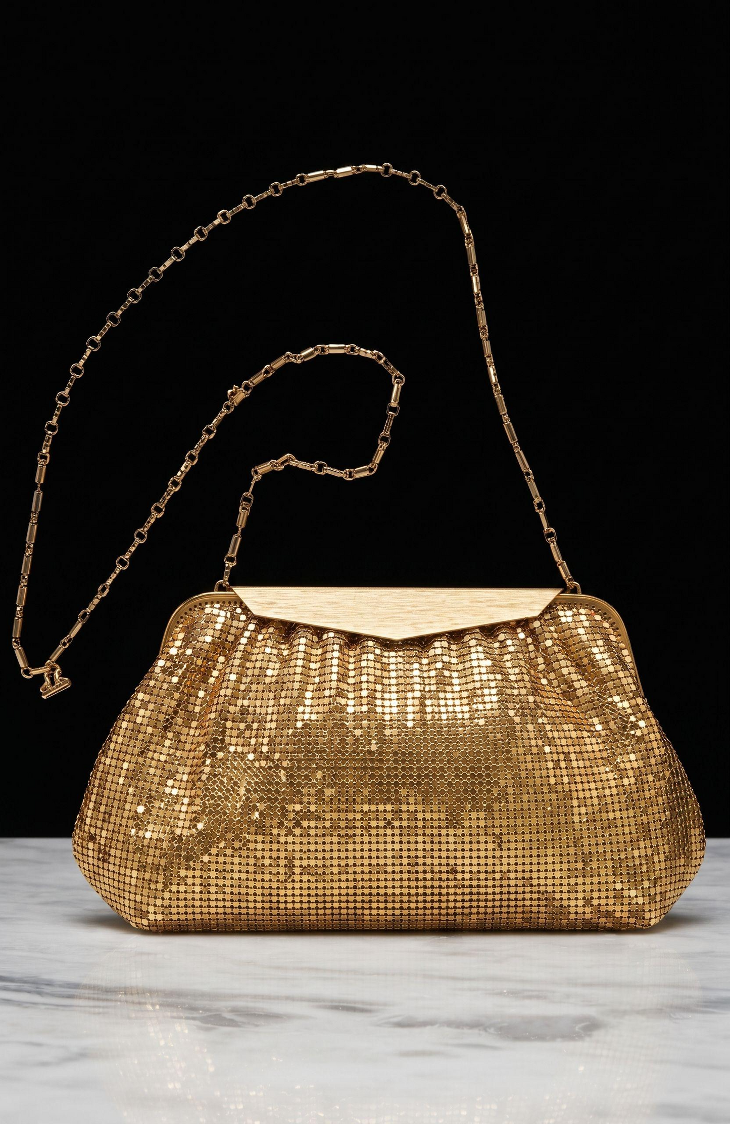 Vintage gold metal Whiting and Davis convertible clutch / shoulder bag