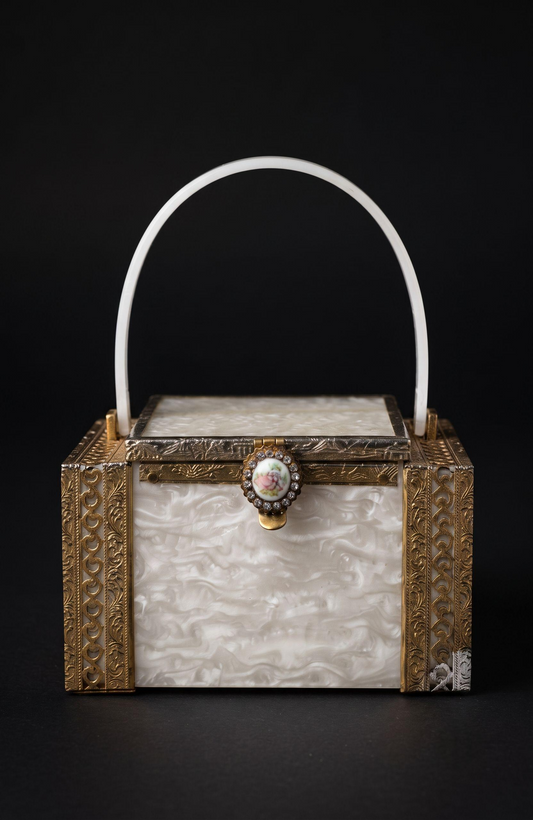 Stunning 1930s/40s White lucite Box Bag w/ Courting Couple Clasp
