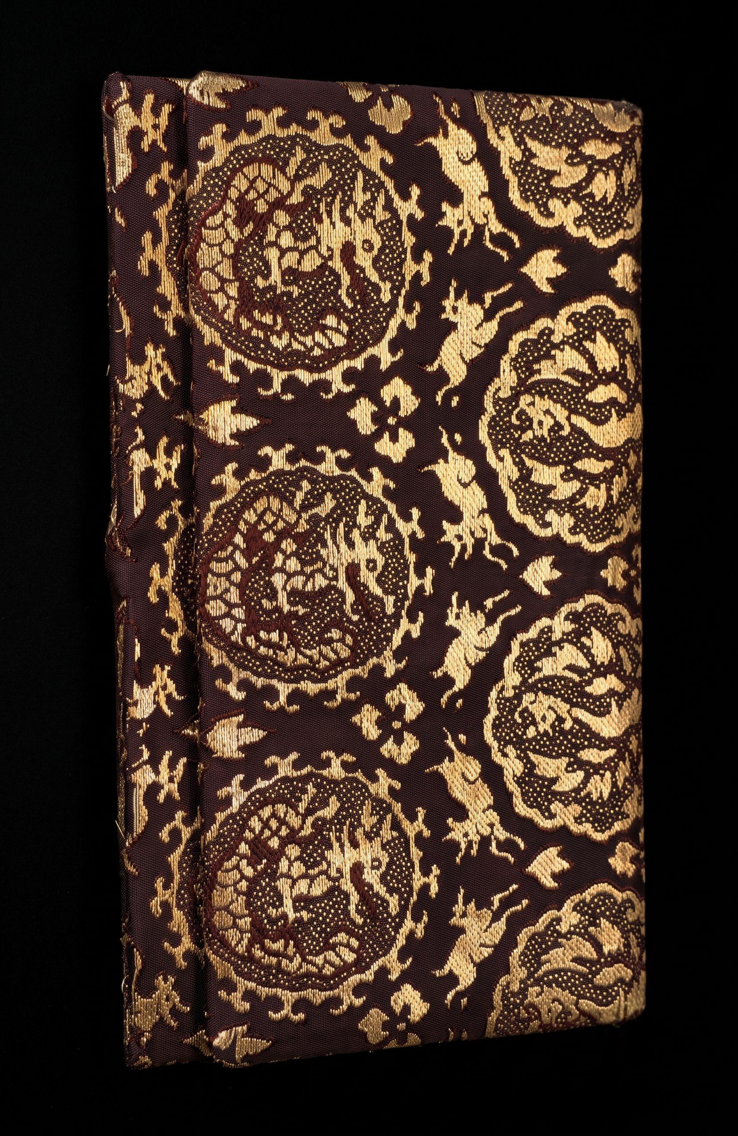 Vintage Dragon & Rabbit Brocade Clutch in deep plum and gold