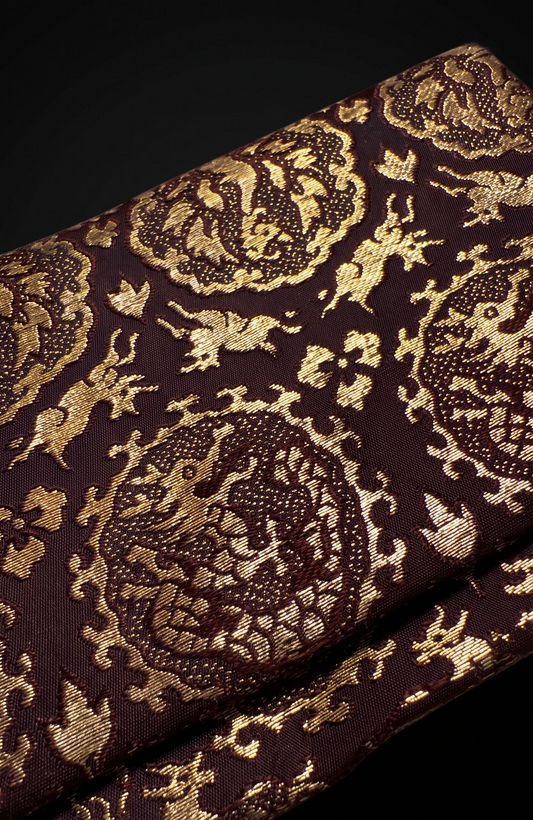 Vintage Dragon & Rabbit Brocade Clutch in deep plum and gold
