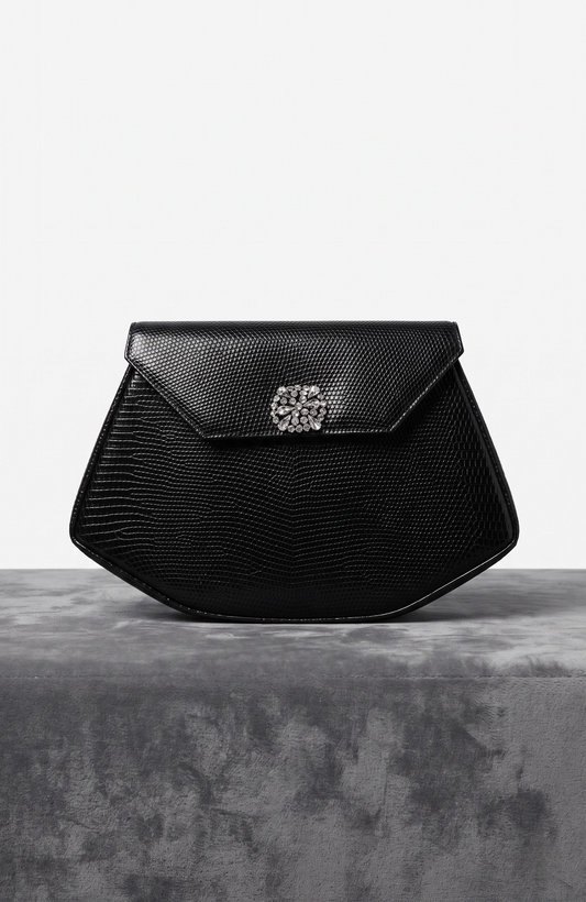 Beautiful bag 1970s black lizard clutch with rhinestone detail.