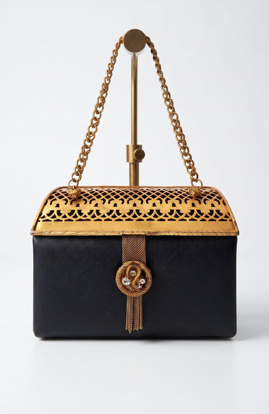 1950s black leather box bag with rhinestone tassel and filagree top