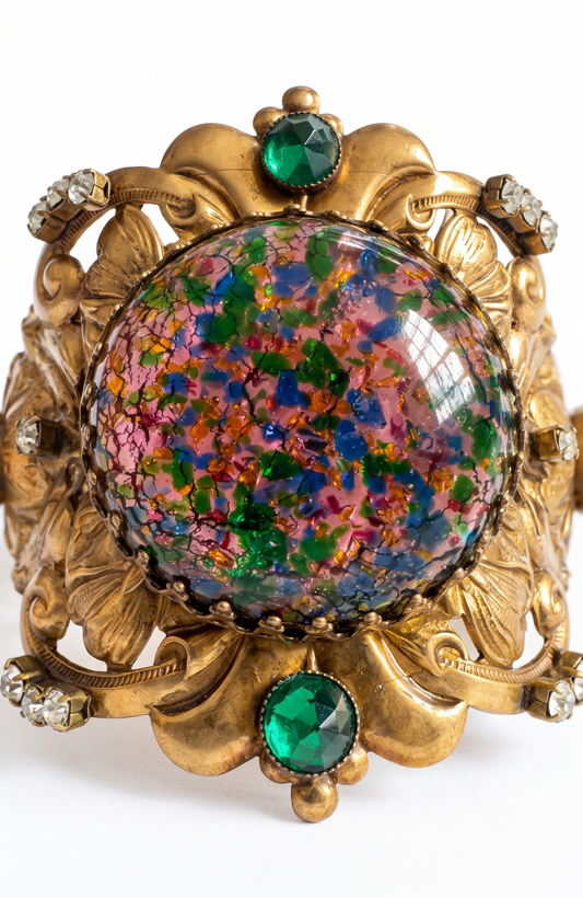 Vintage Rhinestone Cabochon Wide Statement Cuff bracelet. 2 3/8 wide.