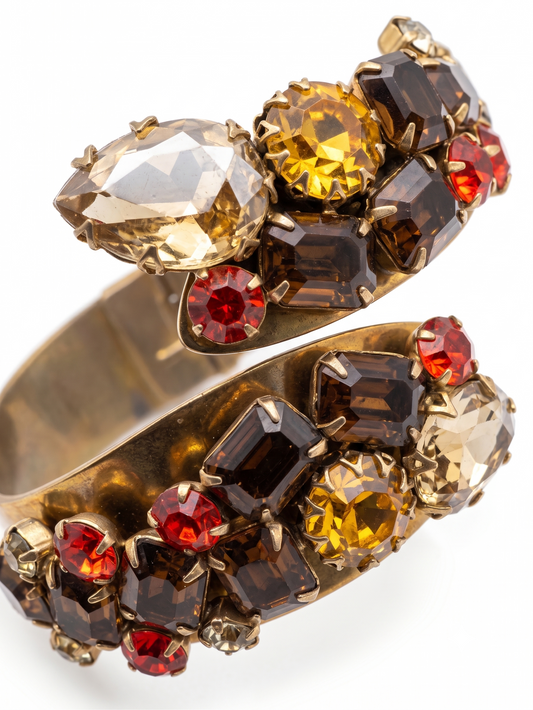Vintage 1950s Juliana clamper cuff bracelet featuring Amber, Orange, and root beer colored stones along with smoky gray topaz