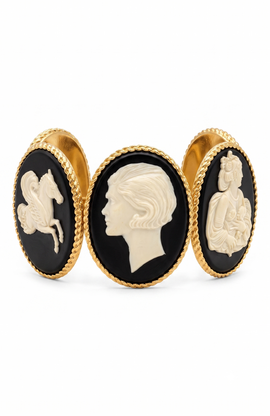 Chanel 1990s carved cameo motif large cuff bracelet with 4-cameo 2" cameo plates featuring a horse, 2 Coco portraits and a renaissance girl.