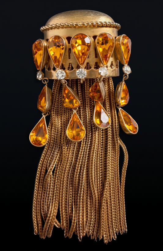 Joseff of Hollywood gold brooch with domed top and cascades of 13 prong set large citrine glass teardrops and 5 round white glass rhinestones w/ tassels.Unsigned Joseff of Hollywood was created for a specific actress for a specific film.