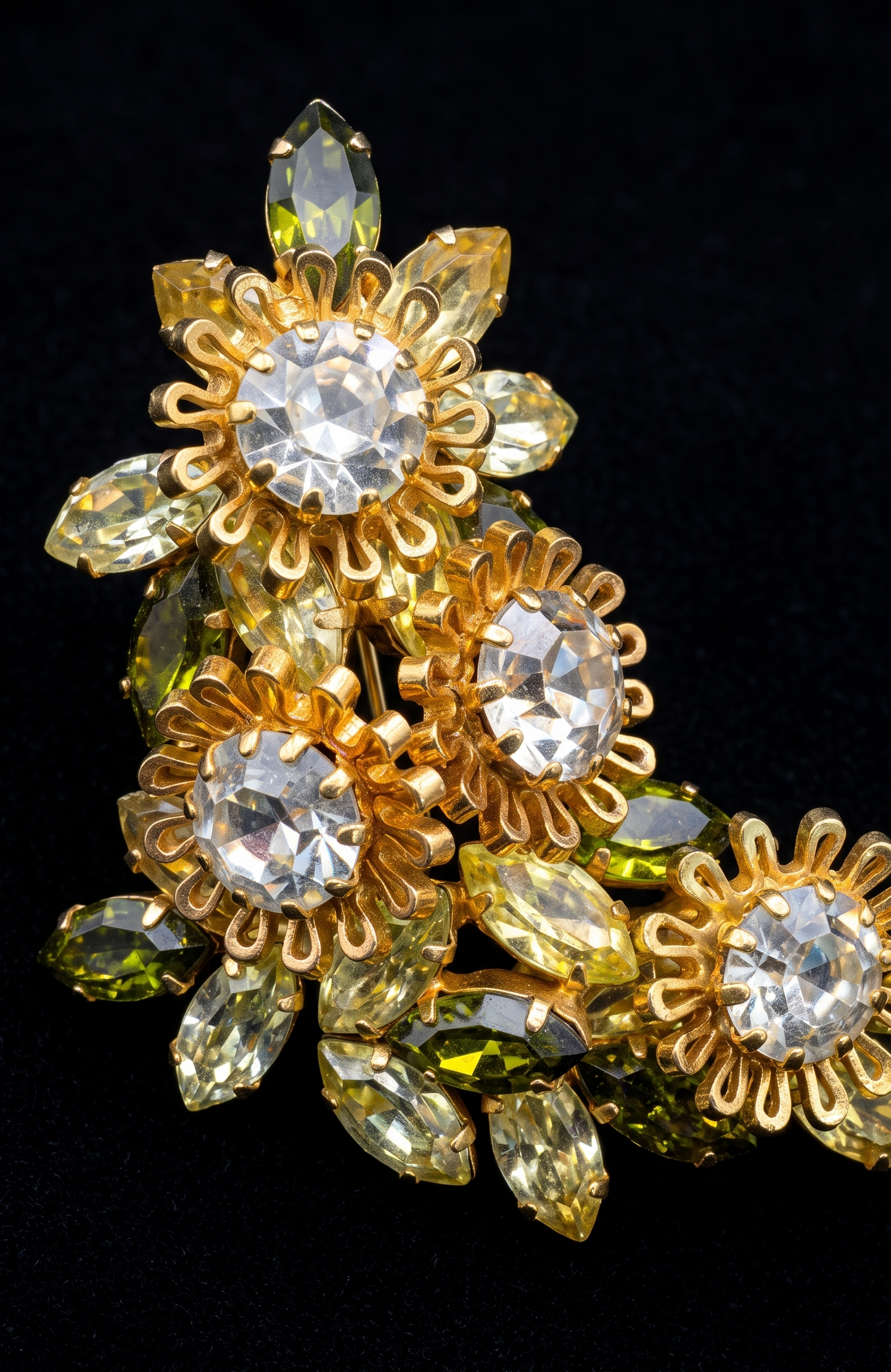 1940s signed Austria flower brooch with green and yellow navettes