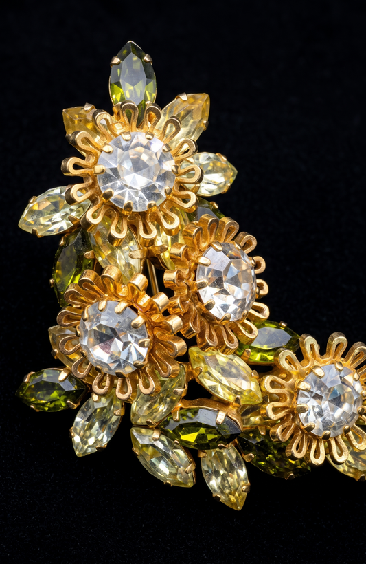 1940s signed Austria flower brooch with green and yellow navettes