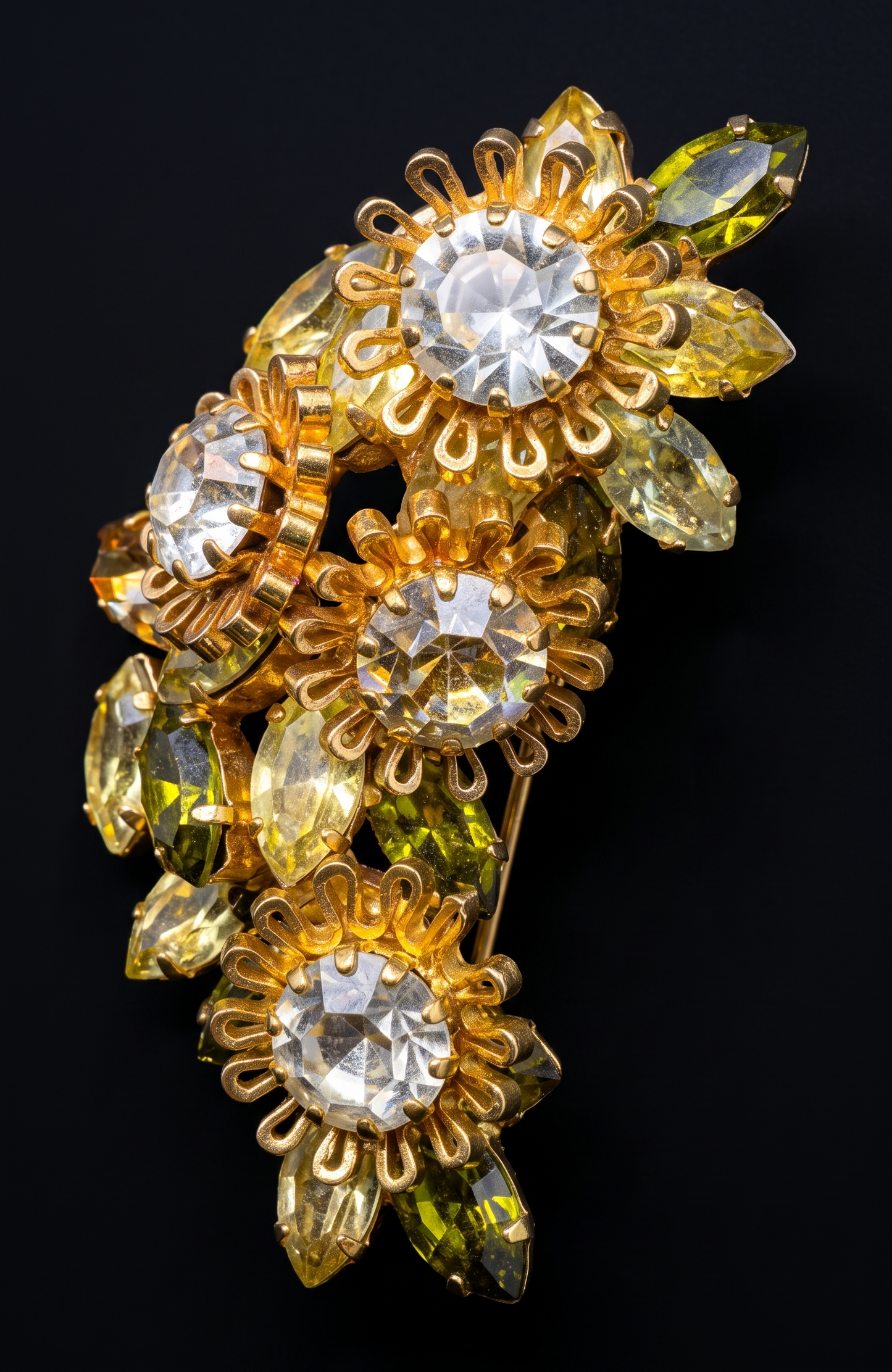 1940s signed Austria flower brooch with green and yellow navettes