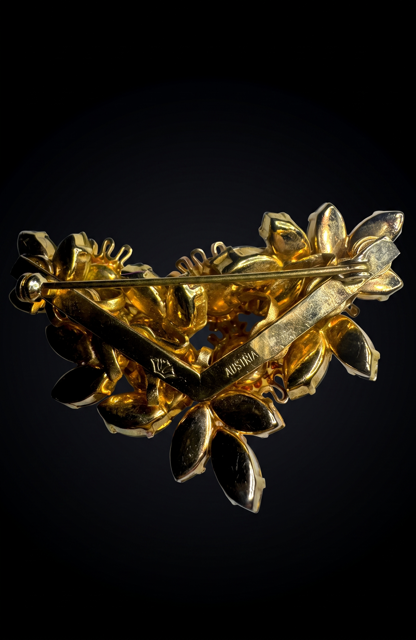 1940s signed Austria flower brooch with green and yellow navettes
