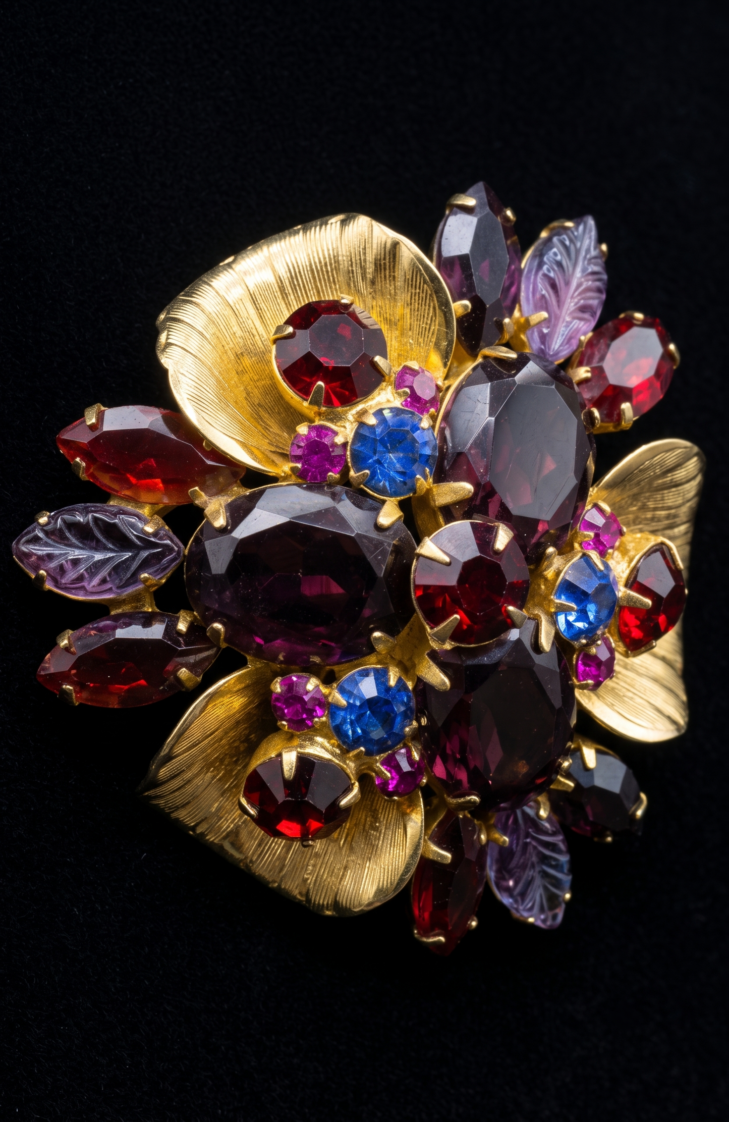 DELIZZA & ELSTER beautiful vintage brooch with purple blue, magenta, and red rhinestones
