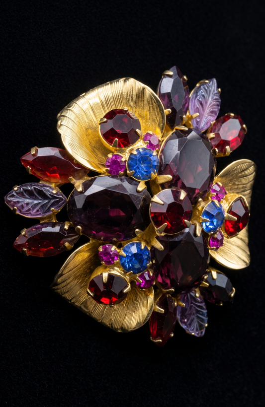 DELIZZA & ELSTER beautiful vintage brooch with purple blue, magenta, and red rhinestones