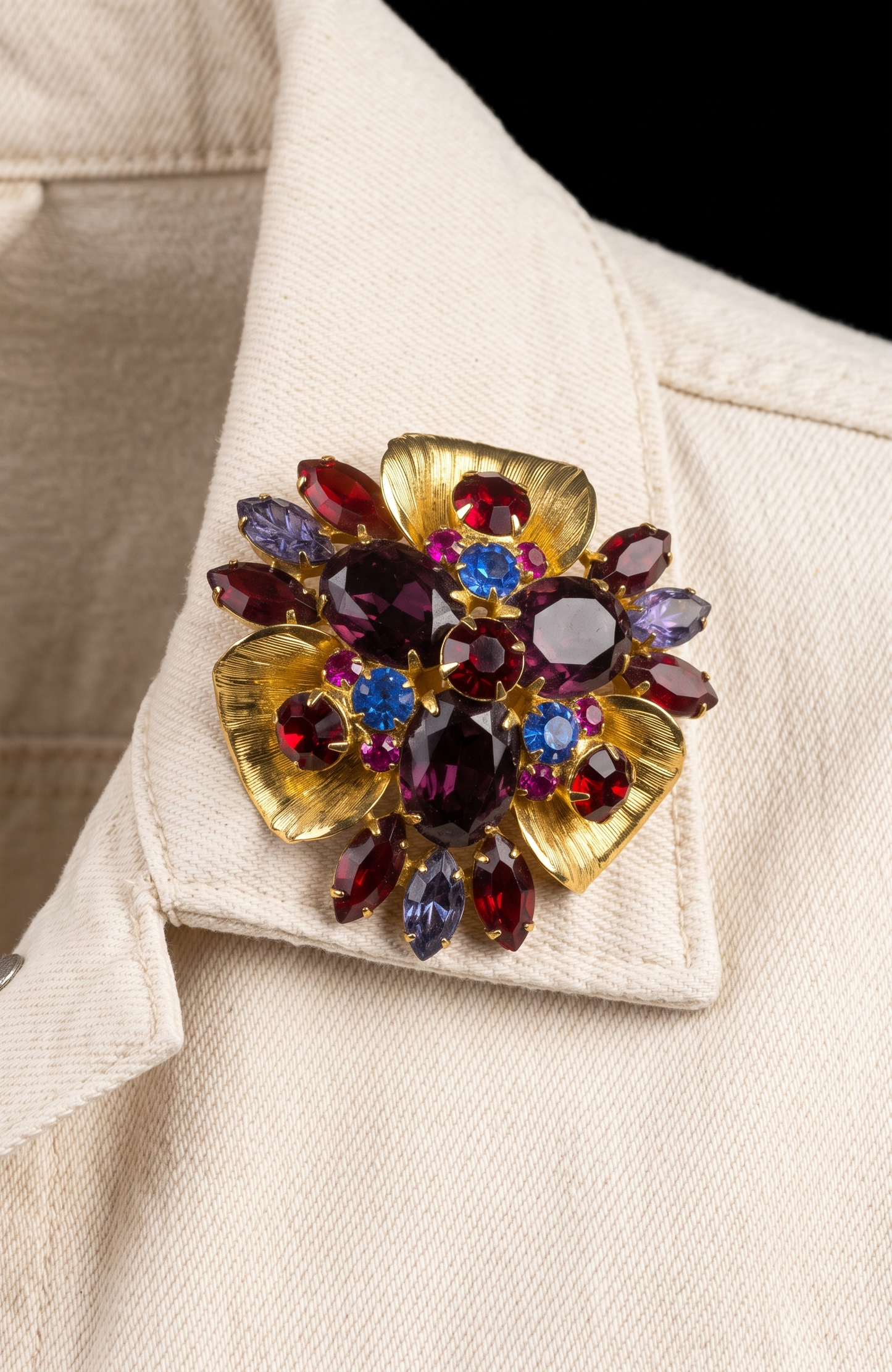 DELIZZA & ELSTER beautiful vintage brooch with purple blue, magenta, and red rhinestones