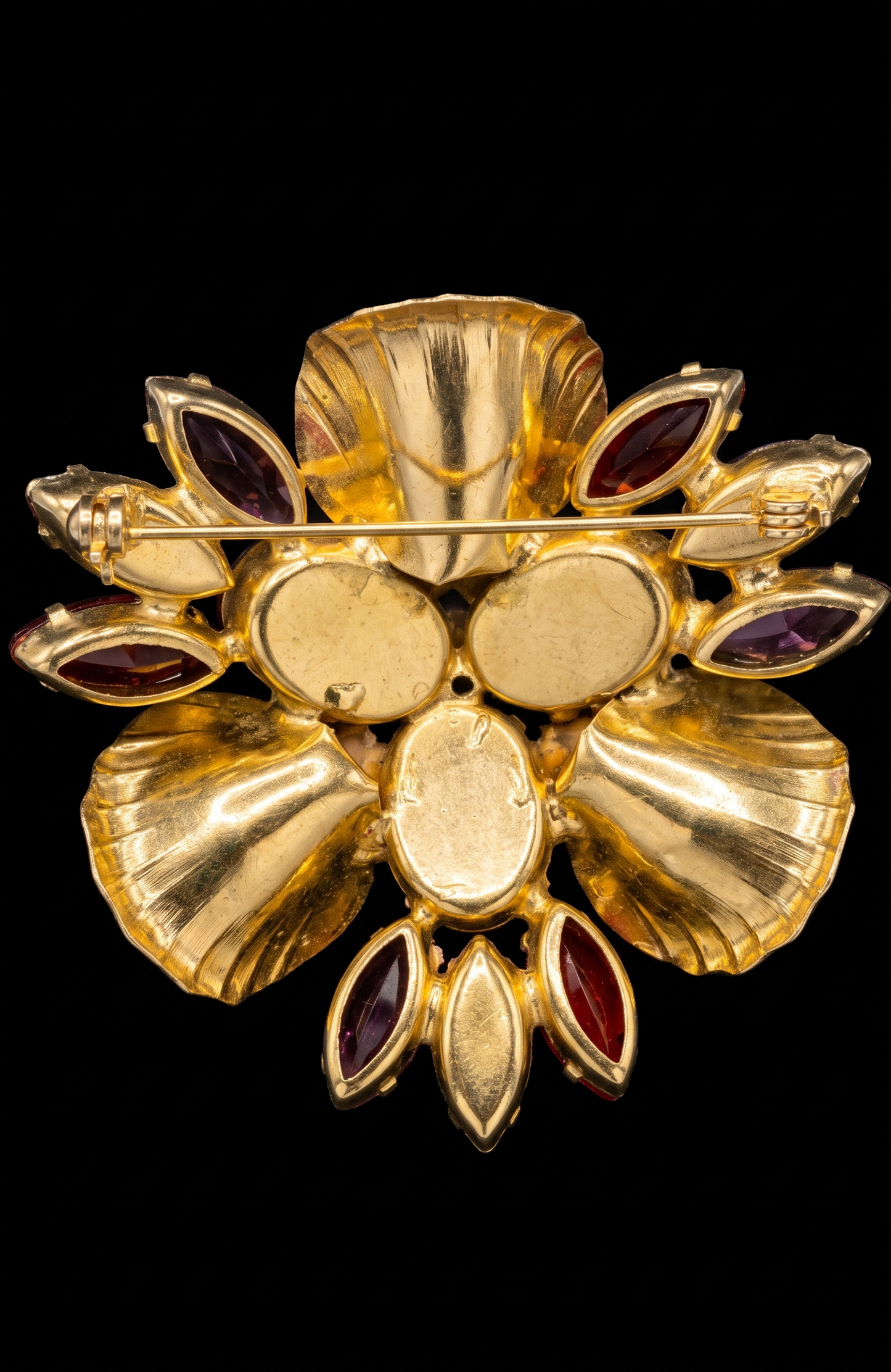 DELIZZA & ELSTER beautiful vintage brooch with purple blue, magenta, and red rhinestones