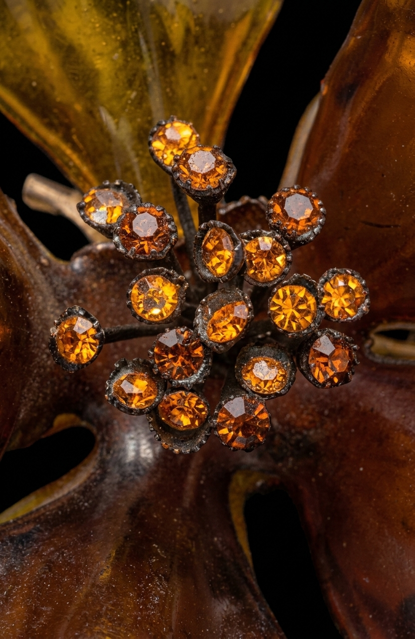 1960s giant amber colored lucite brooch with center rhinestones
