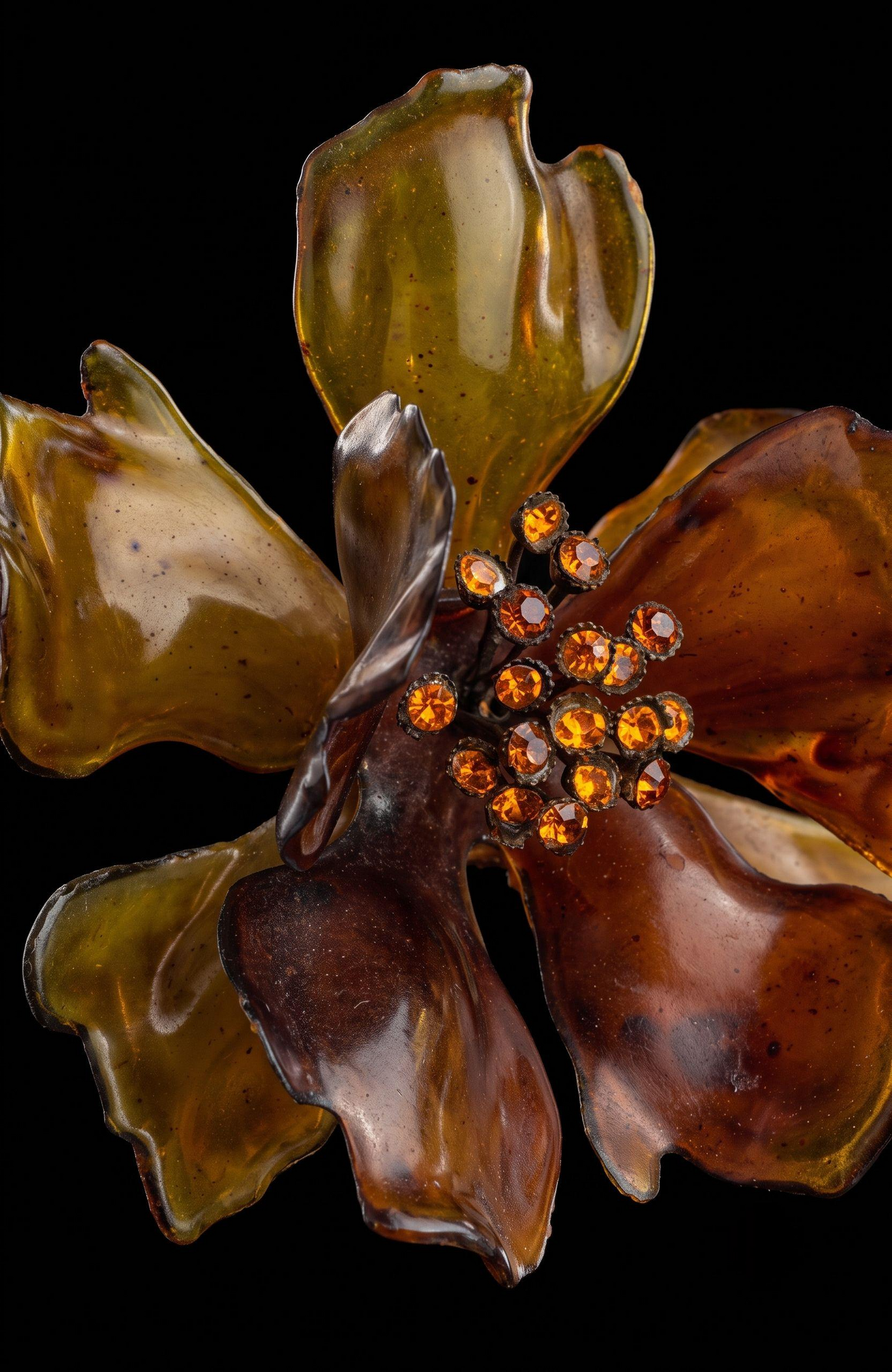1960s giant amber colored lucite brooch with center rhinestones