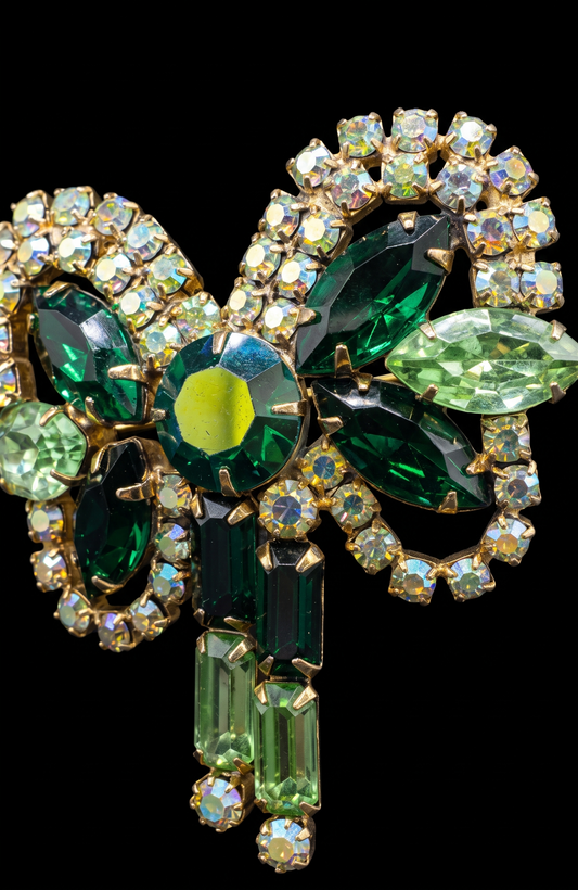 Beautiful 1950s shades of green bow brooch with aurora borealis