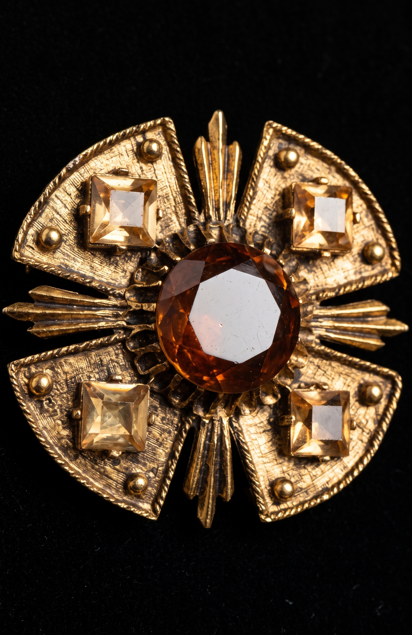 1960s signed DODDS Maltese cross brooch with Amber colored rhinestones and pendant option