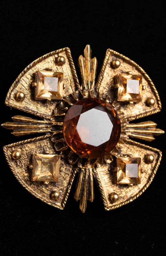 1960s signed DODDS Maltese cross brooch with Amber colored rhinestones and pendant option