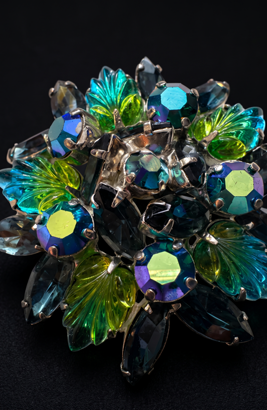 Beautiful green and blue rhinestone brooch with aurora borealis