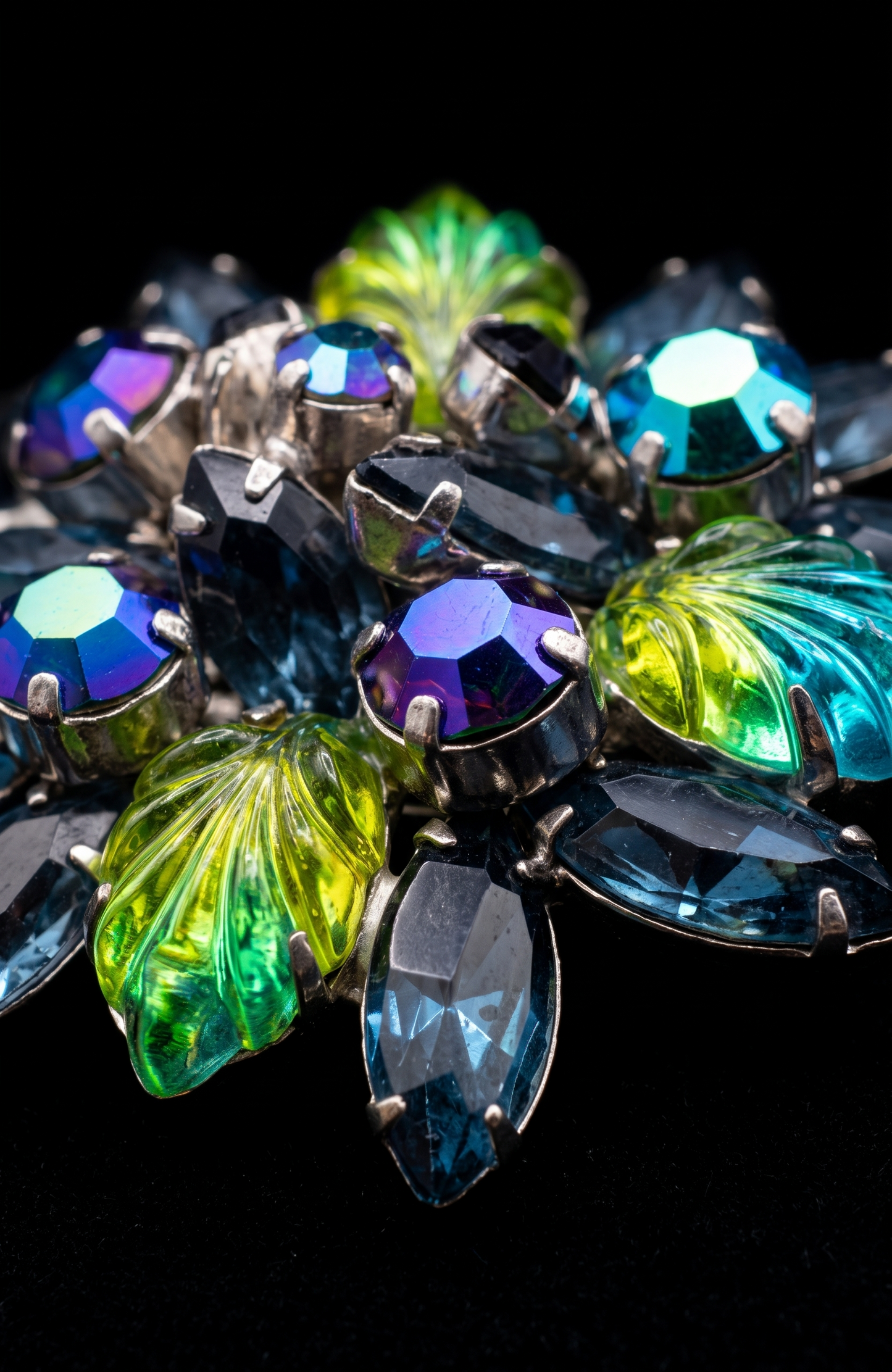 Beautiful green and blue rhinestone brooch with aurora borealis