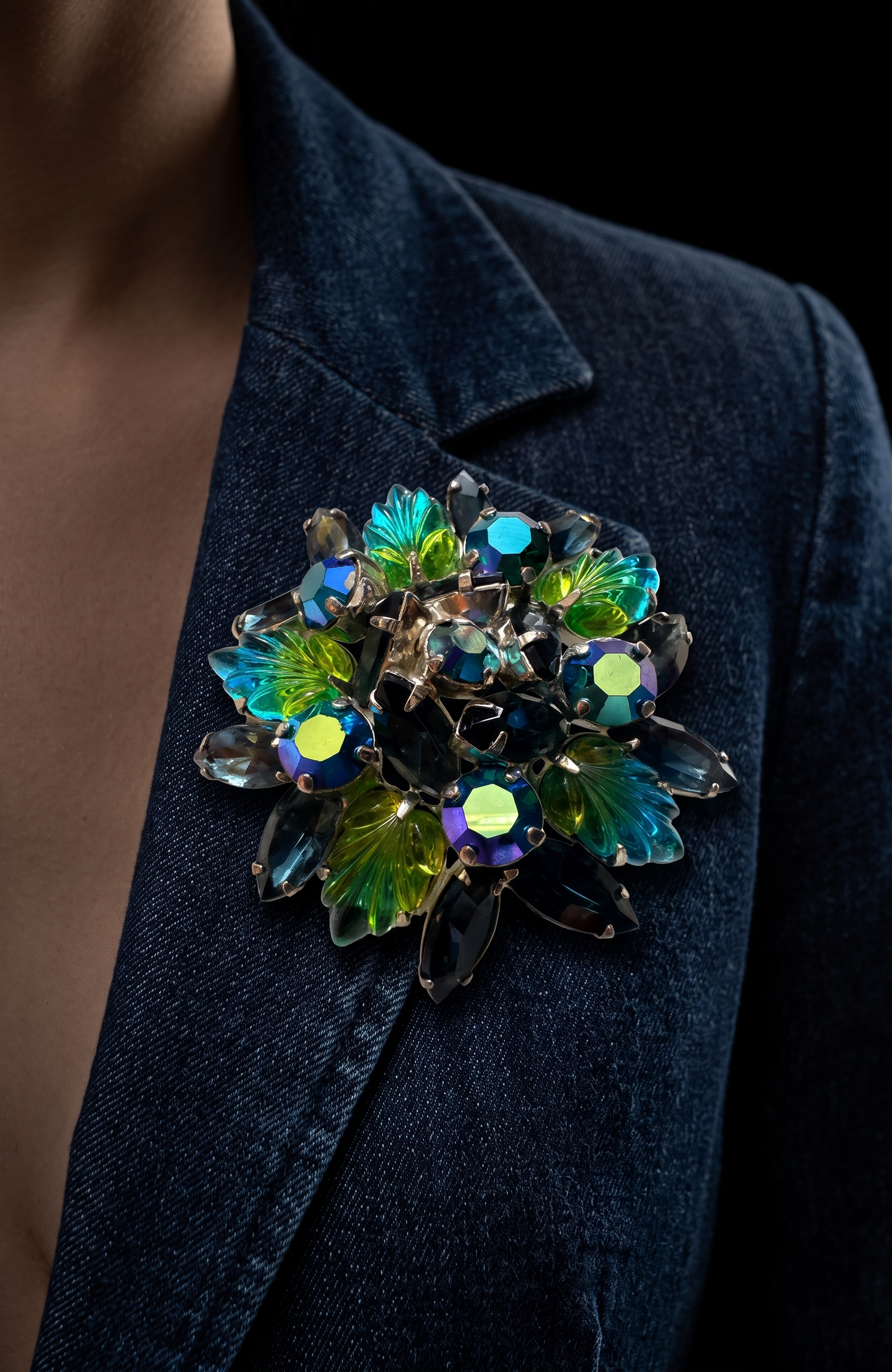 Beautiful green and blue rhinestone brooch with aurora borealis