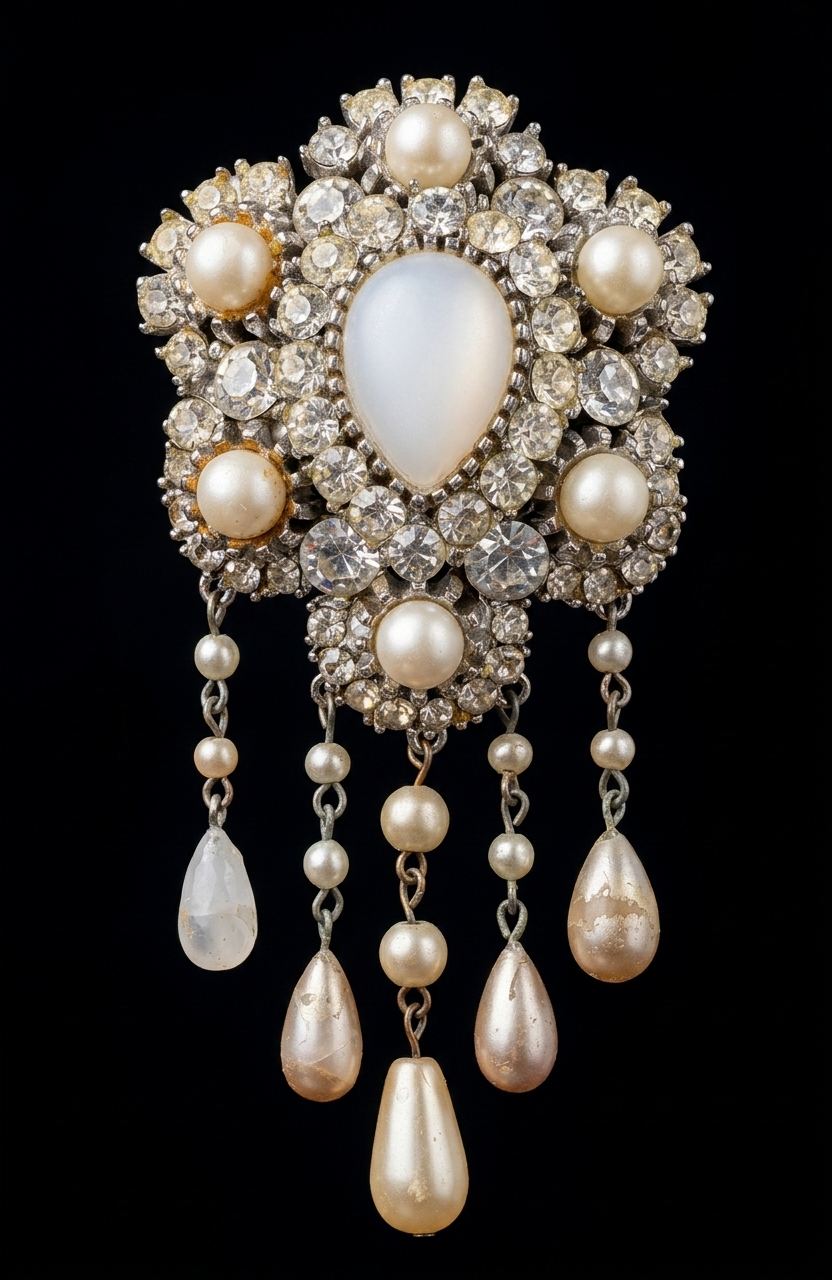 Beautiful 1950s dangle brooch with pearls and rhinestones. Note color of one dangle has wear.