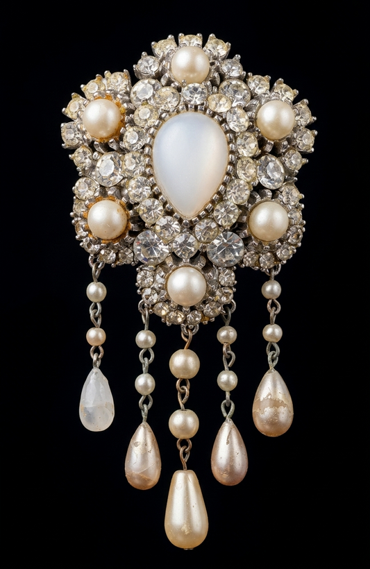 Beautiful 1950s dangle brooch with pearls and rhinestones. Note color of one dangle has wear.