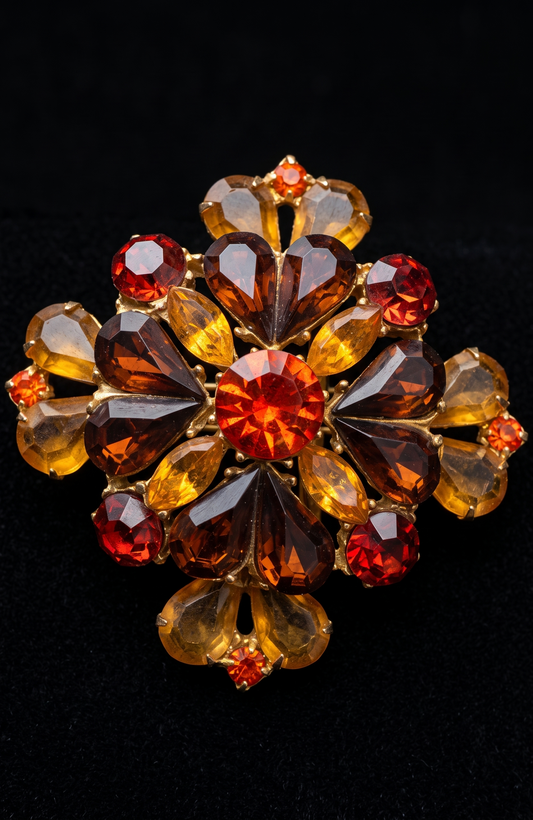 1950s signed EdLEE amber/topaz rhinestone brooch